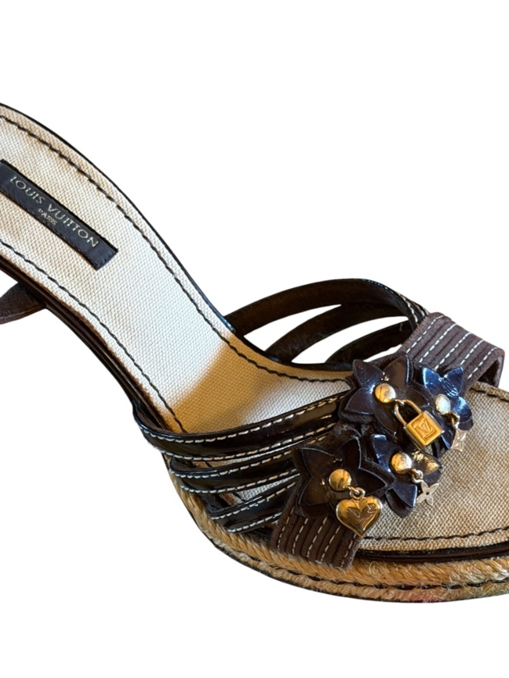 LOUIS VUITTON Y2K AUTH Gold Charms LV Two-tone Floral Leather High Heel Sandals